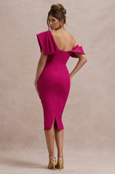 Dark Pink Draped One Shoulder Midi Dress
